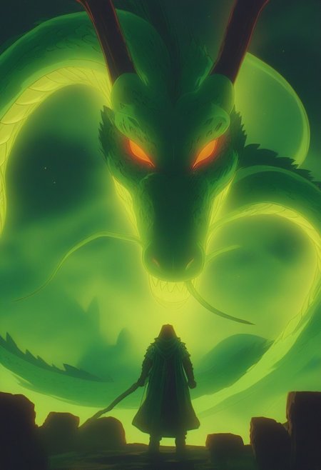 Bosstyle, Silhouette of a cat summoning a giant green Dragon: Capture the essence of nostalgia and color in this animated illustration. Dominating the scene is a meticulously detailed, translucent green scaled chinese dragon with burning red eyes, adorned with vibrant patterns, blending seamlessly with its surroundings. Its long tail, composed of intricately woven ribbons in a spectrum of colors, trails behind, adding to the spectacle of the moment. Amidst the quietude of the night, its presence exudes a sense of ancestral strength and resilience. Behind it, the low-toned hues of the Milky Way cast a mesmerizing backdrop, a cosmic tapestry weaving tales of both past and future. Dark ominous clouds gather above. In this moment, the convergence of tradition and magic, of ancient wisdom and magical prowess, hangs palpably in the air., atmospheric haze, Film grain, cinematic film still, shallow depth of field, highly detailed, high budget, cinemascope, moody, epic, OverallDetail, 2000s vintage RAW photo, photorealistic, candid camera, color graded cinematic, eye catchlights, atmospheric lighting, imperfections, natural, shenron dragon,shenron