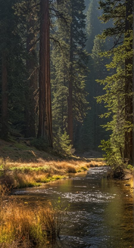 (no human:1.18), (scenic open landscape:1.32) view over (tall redwood tree overlooking (vast wild forest landscape) and reflection in a vast scenic landscape photography, 
Clear creek water, Fish schools, Meadow grasses: swaying, Rocky cliffs (low morning sunshine, golden hues, soft breeze, soft mist), 
, p4  
p4,s1