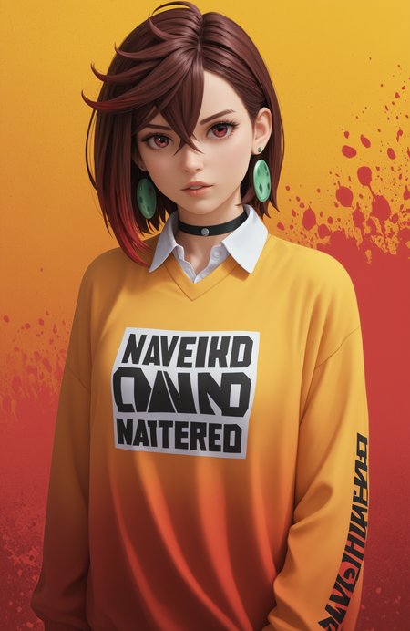(Score_9,  score_8, score_6, score_7:0.6), 3d, photorealistic, render, 8k background, masterpiece, best quality, good quality, newest, AyaseM, 1girl, looking at viewer, short hair, collared shirt, long sleeves, red eyes, hair between eyes, jewelry, multicolored hair, cowboy shot, dangle earrings, red hair, brown hair, red streaks, swirls in background, colorful shirt, color pop, color bubbles, glowing, gradient hair, spot color, color splash, abstract background, abstract, parted lips, black choker, artist name, colorful abstract sweater, sleeves past wrists, v,  crossed bangs, single earring, long bangs, hair behind ear, print shirt, multicolored background, oversized clothes, leaning to the side, circle earring, streetwear,  <lora:Momo_Ayase_-_PDXL:1>
