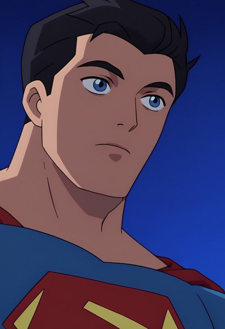 score_9_up, score_8_up, score_7_up, source_anime, anime screencap, portrait, close up of adult Superman,1man,solo,male focus, black hair, short hair, blue eyes, superman, flat color, outdoors, night, blue_background, 1990s_\(style\), closed_mouth, silhouette, dark