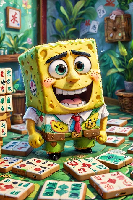 Spongebob wears Mahjong skin, Spongebob Squarepants wears Mahjong skin, <lora:add-detail-xl:0.36>, watercolor, 8k, <lora:EldritchImpressionismXL1.5:0.8>, <lora:Cute_3D_Cartoon:1>,  <lora:animeoutlineV4_16:-1>, Designed by Bage