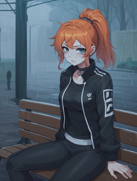 score_9, score_8_up, score_7_up, source_anime source_furry BREAK 1girl, <lora:AnimeIRL XL Anzhc:1> animeirl,ginger hair in high ponytail,long hair,  heterochromia eyes, green eyes, blue eyes, slim body, medium breasts, choker, wearing bomber jacket,sweat pants,punk,  <lora:IncaseLycoXL:0.45>,bench, sitting, rain,