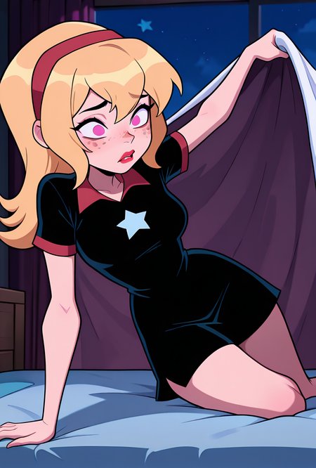 ((cartoon, screencap)), <lora:lucybig:1>, solo, lucybig, long hair, blonde hair, red hairband, pink eyes, lipstick, short sleeves, star (symbol), short dress, black dress, freckles, dynamic pose, leaning on bed, scared, covered in blankets, night time, on bed, masterpiece, best quality, amazing quality, very aesthetic, absurdres, newest,