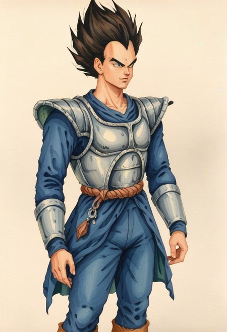 score_9, score_8_up, score_7_up, oblivionarts, (solo:1.5), 1boy, Vegeta, saiyan armor, ((white armor)), blue pants, widows peak, tall hair, short, petite, simple background, traditional art, medieval,