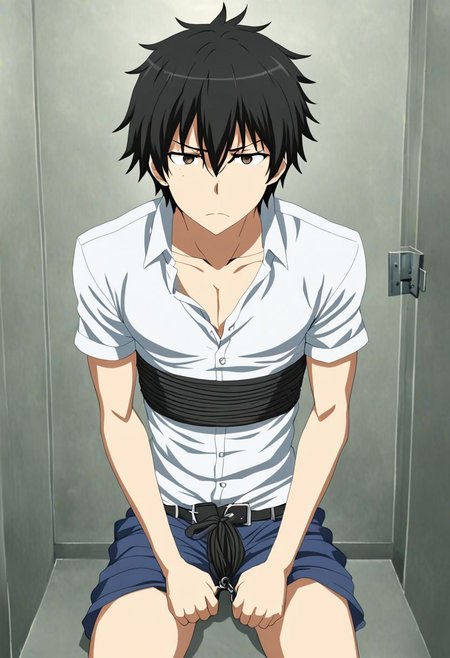 high resolution, solo, best quality, 1Boy, Kanie Seiya, Black Hair, arrested, restrained, struggling, tied, interrogation, interrogation room, OverallDetail
