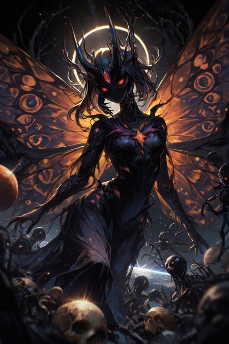 masterpiece, best quality, amazing quality, aesthetic, volumetric lighting, ambient light, dark shadows, depth of field, vivid colors, low key lighting, dynamic angle, dynamic pose, lens flare, black background, abstract, eldritch abomination, insect wings, mandibles, monsters, no humans, planet, skull, sparkle, wings, zstyle, very awa, absurdres,very aesthetic