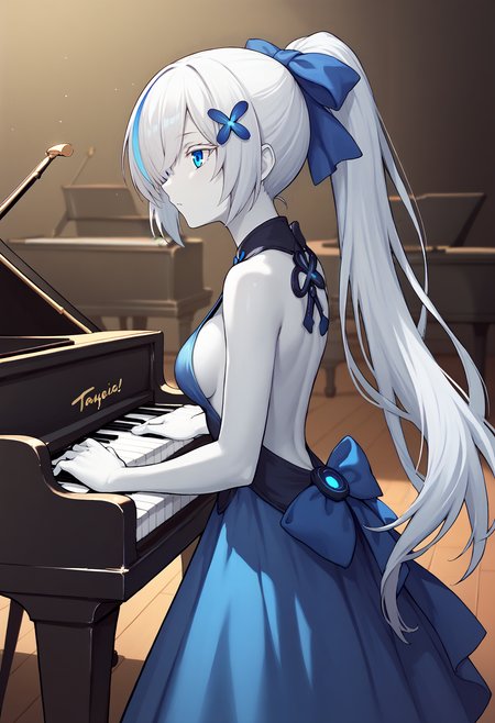 score_9, score_7_up, BREAK, backless dress, piano, playing instrument, stage, from side, 
<lora:tbazurlanev2:1>, white skin, blue eyes, multicolored hair, streaked hair, colored eyelashes, tbtypel, long hair, ponytail, hair over one eye, medium breasts, hair ornament, hair bow, blue bow