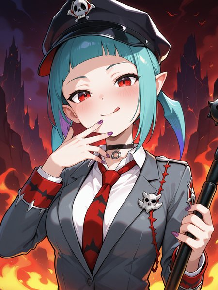 beat cop from the underworld,1girl,tongue out,solo,looking at viewer,blush,smile,licking lips,nail polish,purple nails,upper body,collared shirt,police uniform,grey jacket,black choker,black police hat,red necktie,hell,baton \(weapon\),holding baton \(weapon\),
masterpiece,best quality,amazing quality,very aesthetic,absurdres,newest,<lora:tour guide, beat cop, muckraker from the underworld EX illuXL v1:0.76>,