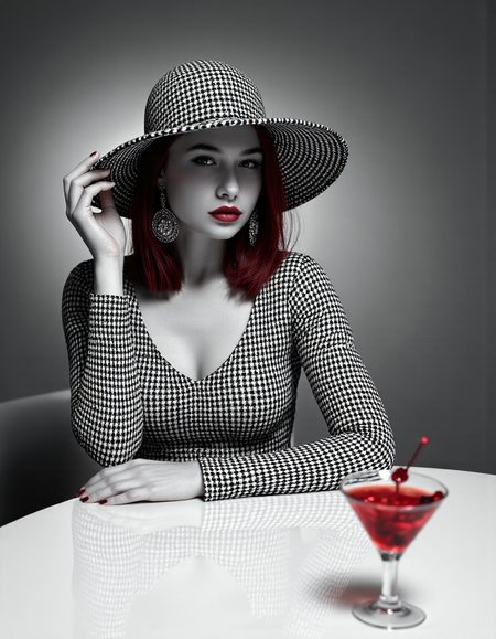 A high-fashion, studio-shot black and white photo featuring a 33 years old red hair Hungarian woman seated at a modern, white, reflective table. She is elegantly dressed in a houndstooth-patterned dress with long sleeves and a high neckline. Her face is partially obscured by a large, circular flat, houndstooth-patterned hat that matches her dress, creating an air of mystery. The image is primarily in black and white, and shades of gray, with selective color highlights: deep red hair, deep red lips, matching red earrings, and a red cocktail in a martini glass. The background is a smooth gradient of gray, with soft, directional studio lighting casting gentle shadows and enhancing the texture of the houndstooth pattern. The womanâs poised posture and the minimalistic setting contribute to a sophisticated, modern aesthetic. Light and shadows that add texture and depth to the photo .professional photo, Nikon Z9 35mm. Analog photo. photorealism <lora:Surreal_Photo:0.75> <lora:scg-anatomy-female-v2:0.7> <lora:35mm_joycap:0.65> <lora:MidjourneyV6.1:0.5>