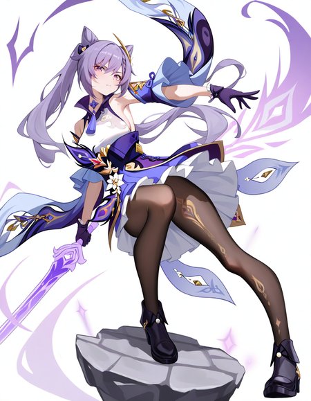 1girl, keqing \(genshin impact\), 
ruozhishi, looking at viewer, solo, twintails, sword, purple eyes, skirt, long hair, purple dress, hair bun, medium breasts, purple gloves, pantyhose, black pantyhose, breasts, simple background, gloves, black footwear, purple hair, closed mouth, boots, holding weapon, weapon, standing, full body, holding, frills, white background, holding sword, dress, wide sleeves, cone hair bun, frilled skirt, standing on one leg, long sleeves, double bun,
masterpiece, best quality, very aesthetic, newest, absurdres, incredibly absurdres
 <lora:ruozhishi:1>