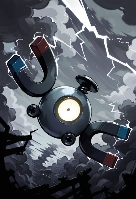 masterpiece, best quality, no humans,    zzMgnmt, stormy sky, lightning, high altitude, glowing eye, clouds swirling, dynamic angle, intense atmosphere â Soaring through a roiling thunderstorm, Magnemite rides the electrical currents, its eye flickering with raw voltage. Bolts of lightning dance around it, illuminating the swirling black clouds in momentary flashes of blinding white.    ,<lora:MagnemitePokedex_IXL:1.0>,
