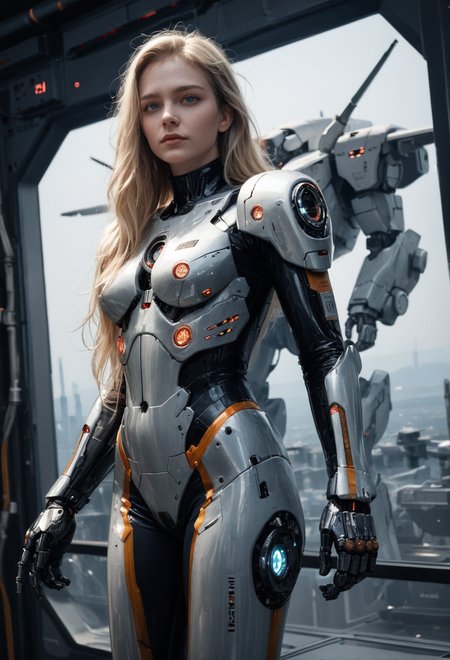score_9, score_8_up, score_7_up, (RAW photo, 4k, masterpiece, high res, extremely intricate) (photorealistic:1.4), cinematic lighting blonde girl, solo focus, cowboy shot,indoors,the upper part of the body, extremely detailed 8k wallpaper, beautiful detailed eyes, artbook, photo, real, realistic, futuristic knight, (silver, long hair), mecha girl, mechanical parts, space station, Expressive Hues, Vibrant Palette, ironman suit ,<lora:add-detail-xl:3>  <lora:hand 5.5:1>