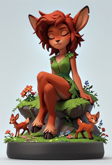 zPDXL3, score_9, score_8_up, score_7_up, 1girl, solo, medium breasts,
green eyes, animal ears, body fur, furry female, dark-skinned female, dark skin, freckles, hooves, red hair, deer tail, faun,
simple background, grass, flowers, sitting, crossed legs,  sleeping, closed eyes,
etfawn, 
amiibo, figure, full body,