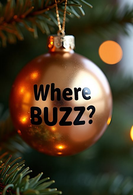cute Christmas ball hanging on the Christmas tree. reflection in christmas ball. in ball the reflection you can see print whith text "Where BUZZ?" big letters on ball.