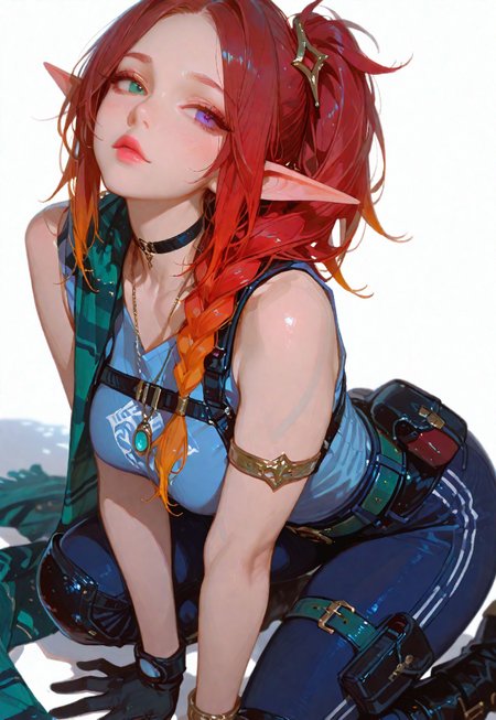  (score_9, score_8_up, score_7_up), white theme, masterwork, masterpiece, best quality, dynamic pose, dynamic angle, (realistic:1.4), (lineless:1.2), detailed, , , aged up, adult, depth of field, blurry, cheekbones, dynamic lighting, high detail, 8k                       girl, kawai girl,Expressiveh, good_hands, best quality,mature woman,           BREAK {very cute, very pretty, a cute slender 21 year old elf girl, strikingly pretty, amazing pretty eyes, perfect body proportions, fantasy allure, pure delight, eyes wide, pretty face, fantasy, hot, blush, sexy, medium breasts, dynamic pinup, gorgeous, stunning, very attractive, perfect eyes, perfect body, slender, (D.Va:0.5),}, BREAK {AliasCODMXL, lipstick, green eyes, brown hair, red hair, multicolored hair, single side ponytail, parted bangs, black choker, medium breasts, harness, blue shirt, sleeves rolled up, single red wristwatch, black gloves, pouch, belt, blue pants, knee pads, black boots, ZoeLoLXL, purple eyes, (blue eye:1.1), heterochromia, orange hair, multicolored hair, gradient hair, long hair, single braid, hair ornament, forehead, green scarf, striped scarf, bare shoulders, necklace, armlet, bracelet, green belt, blue legwear}, BREAK {Dynamic pose, seductive,}, BREAK {Simple white background,},