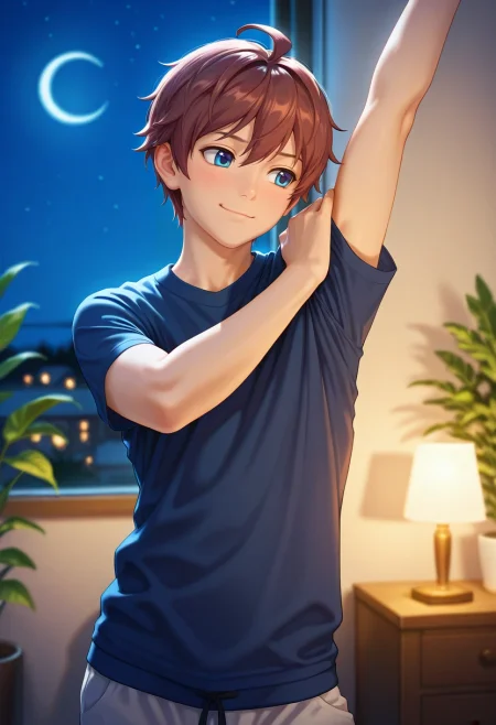 masterpiece, best quality, , (photorealistic:0.6), , depth of field, 1boy, solo, male focus, <lora:seto_aihara_ilxl:0.82>, seto_aihara, brown hair, blue eyes, short hair, ahoge, , , cowboy shot, living room, plant, night, crescent moon, stretching, giggling,