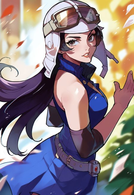 safe_pos, score_9, score_8_up, score_7_up, score_6_up, masterpiece, absurdres, source_anime, detailed,(perfect anatomy:1.1),  perfect body, (perfect hands:1.2), cowboy shot, dynamic light, solo,  
BREAK
asahismtiva, long hair, black hair, helmet, goggles on head,  blue dress, elbow pads, belt, sexy pose, arched back, looking back, fluster, looking at the viewer, 