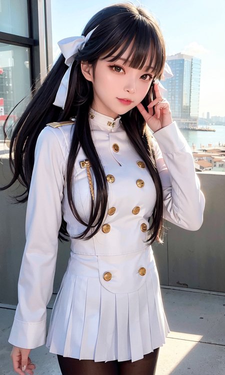 (8k, RAW photo, best quality, masterpiece:1.2), (realistic, photo-realistic:1.5),omertosa,(((1girl))),(Kpop idol), (aegyo sal:1),cityscape background, dailight,sunlight, professional lighting, photon mapping, radiosity, physically-based rendering,(comic market background:1.2), seashore background, sandy beach,crowd of people,<lora:koreanDollLikeness_v10:0.5> <lora:takaoAzurLaneFull_takao7682:0.7>,White military uniform, white miniskirt, long sleeves, gold buttons, gold armbands, gold collar, black hair, black ponytail with white ribbon, Azur Lane,  Takao