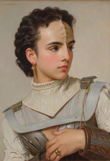 an oil painting portrait of a (female kling0n alien) standing by WllBgr, {forehead ridges, brown skin, nose ridges, large eyebrows, leather corset armor), side view, simple background, black hair, earrings, necklace, upper body, ring,  william bouguereau,
=