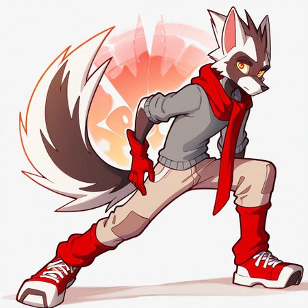 Bast, 1boy, solo, furry, spiky  hair, wolf's tail with dark brown-white stripe patterns, got yellowish eyes and red-orange pupils, long red scarf around neck, gray sweater, red gloves, beige pants with red legwarmers/socks, white fabric shoes triangular in shape,

