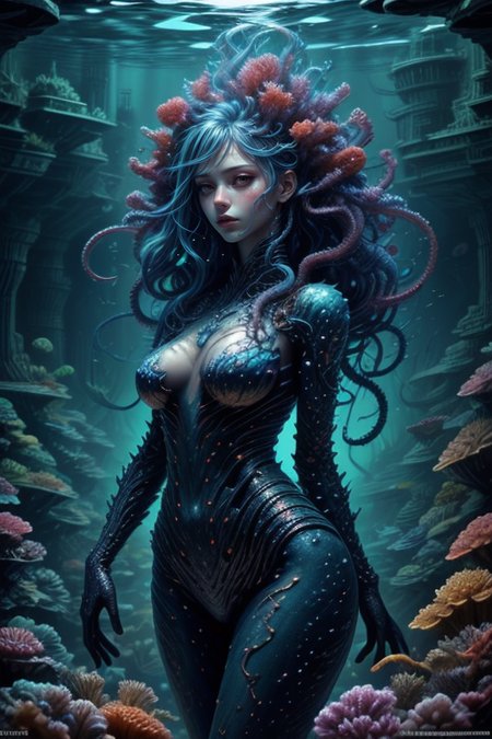 at distance,cowboy shot,posing,flirting,[playful gaze, smirking,radiant smile:1.1],1girl,complex background,complex stuff,<lora:Concept_-_Hella-sthetic_v2:0.7>,<lora:Underwater_world:0.7>,bioluminescence,underwater world,fantastic sea creatures,mermaids,watercraft,tentacles,coral,organisms and other marine life,fantastic and mythical sea creatures,, intricate, elegant, highly detailed, symmetry, magical atmosphere, sharp focus, majestic, very coherent, radiant, advanced, cinematic, artistic, fine detail, winning, beautiful, stunning, dramatic light, designed, rich deep colors, perfect professional background, ambient, tailored set composition