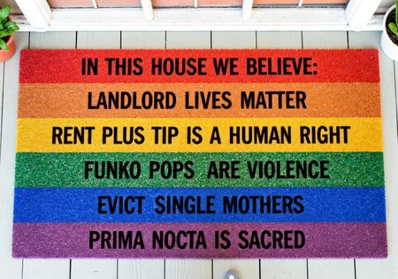 text "In this house, we believe: Landlord Lives Matter, Rent plus tip is a human right, Funko Pops are violence, Evict single mothers, Prima Nocta is sacred" in black all caps bold text on evenly spaced lines of Photograph of a small outdoor entrance area, featuring a doormat with a rainbow gay pride design. The doormat is rectangular and made of a textured,  coir material.<lora:Welcome_Mat_Manufacturer_FLUX-000023.safetensors:1.0:1.0>