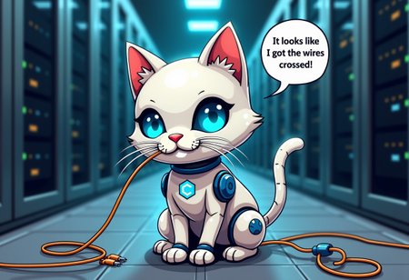 In the style of a funny comical digital art illustration. A cute mischievous robotic mechanical metal white house cat with azure navy blue LED eyes sits in the foreground looking at the viewer. The cat wears a collar, the collar tag has a logo on it which has the the letter “C” in white surrounded by an azure navy blue hexagon oriented in a manner where the 120 degree point faces upward. Above the cat, there is a speech bubble that says "It looks like I got the wires crossed!" In front of the cat lies an off-white and azure blue wire, lying perpendicular to one another. These perpendicular wires then lead upwards to the cat, which then lead to the wires suspended in the cat’s mouth. The cat holds the two wires in its mouth, causing the wires to cross across each other. The wires in the cat’s mouth are exposed with the wire casing gone, small electric bolts are seen flowing between the two exposed wires. The cat is indoors inside an office building basement. Behind the cat is a server room. In the far background, a server is seen exploding producing fire, blast, light, heat, and fallout. The sound waves from the explosion cause server computer pieces, springs, screws and bolts to fly through the air. The server room looks dark, modern and robust.