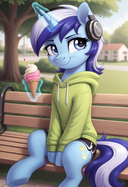 score_9, score_8_up, score_7_up, score_6_up, score_5_up, score_4_up, g4, solo, pony, feral pony,  minuette, hoodie, hood, shorts, headphones, park, sit, bench, ice cream, magic, happy, smile, cute, glare, high res, detailed face