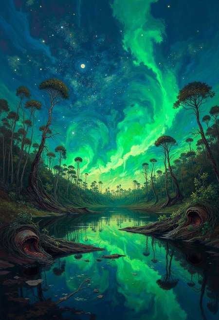 oil painting of 
The silent expanse of a Wetlands fen, where the night sky is reflected in still waters. A green aurora weaves through the stars, its reflection mingling with the lights below., 
in the style of the decaying empire of Würstreich, dark magic and grotesque creatures abound, inspired by Sean Aaberg's punk aesthetic, dark fantasy world combines grim landscapes with vibrant, exaggerated colorful art, heroes skirmish monstrous foes in a setting where rebellion, decay, and mysticism intertwine, crafting a unique, immersive vibe
, visible brushstrokes, atmospheric haze, low key, moody lighting,watercolors,DB4RZ, DB4RZ style painting
