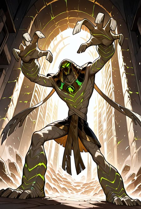 <lora:snareoh-07:1> snareoh, solo, male focus, no humans, 1boy, glowing eyes, green eyes, brown helmet, monster, mask, egyptian clothes,mummy bandages, mummy, massive hands,  Cartoon, dynamic pose, inside egytpian temple, acient ruins,, masterpiece, best quality, amazing quality, very aesthetic, absurdres, newest,