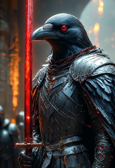 a cinematic photograph of a fantasy Crow, red glowing eyes, wearing black shiny armor with red details on, holding a red glowing sword in an attacking pose, dungeon in background, photorealistic, photography lighting, extremely detailed, shot on Sony A7R V with Leica lens, HKStyle, corvidfolk