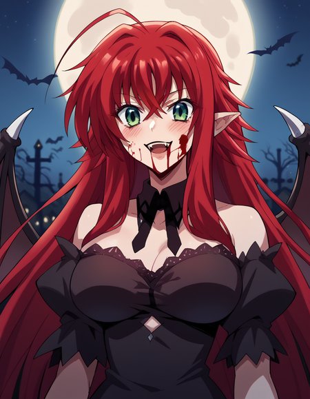 score_9, score_8_up, score_7_up, source_anime, <lora:rias-gremory-ponyxl-lora-nochekaiser:1>, rias gremory, huge ahoge, long hair, hair between eyes, green eyes, red hair, large breasts, <lora:vampire-ponyxl-lora-nochekaiser:1>, vampire, red eyes, pointy ears, fangs, black dress, wings, blood, blood on face, blood on mouth, bat (animal), halloween, halloween costume, upper teeth only, night, moon, blush, smile, open mouth,, looking at viewer