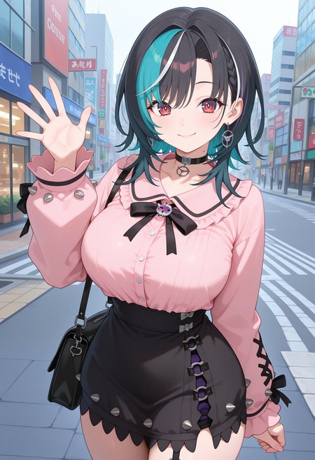 best quality, masterpiece, 1girl, aachihaya, medium hair, multicolored hair, black hair, earrings, red eyes, <lora:rindo_chihaya_ilxl_v1:0.9>, jirai kei, pink shirt, high-waist skirt, black skirt, shoulder bag, smile, waving, standing, cowboy shot, city, street, solo,