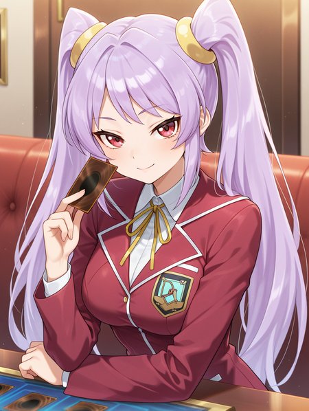 fujiwara yukino,1girl,card \(yu-gi-oh!\),holding card,solo,looking at viewer,smile,duel academy uniform \(yu-gi-oh! 5d's\),closed mouth,upper body,yellow hair ornament,yellow neck ribbon,red blazer,white collared shirt,arm on table,
masterpiece,best quality,amazing quality,very aesthetic,absurdres,newest,<lora:Fujiwara Yukino illusXL v1:0.77>,