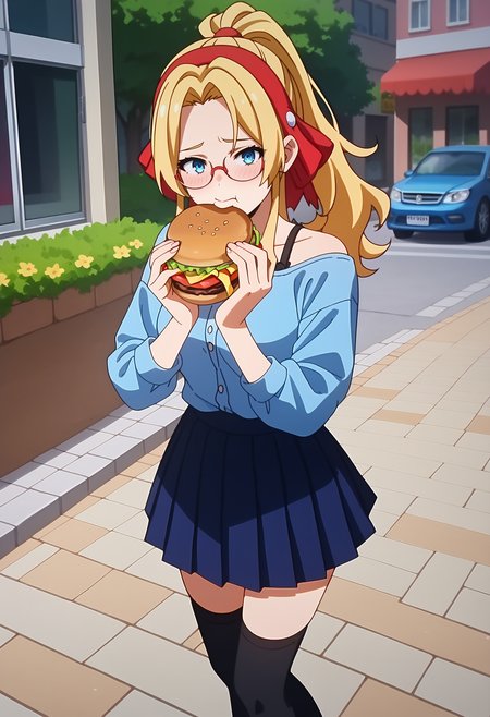 score_9, score_8_up, score_7_up, anime screencap, source_anime, 1girl, solo,
<lora:Anna_Scervino_MHA_V1:.85>, KJOanna, blonde hair, blue eyes, long hair, parted bangs, red headband, 
off shoulder, blue shirt, black pleated skirt, black thighhighs, glasses, ponytail,
standing, looking at viewer, holding burger, eating, biting burger, embarrassed, blush,
street, daytime, buildings, sidewalk,
(Beautiful, medium Breasts:1.2),
