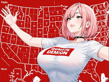 masterpiece,best quality,amazing quality,very aesthetic,absurdres,newest, huge filesize,
<lora:spo_sdxl_10ep_4k-data_lora_webui:0.5>,
map, united states, outstretched arms, upper body, red background, white background, english text, <lora:JebWinsMeme_illusXL_Incrs_v1:1>,  looking up, seductive smile,
<lora:Hiroya_Oku_Style_Pony_XL-000021:0.35>
short sleeves, 
 1girl, papiko, breasts, mole, cross, shirt, large breasts, lips, brown eyes, nail polish, clothes writing USA, pink nail, pink hair, tight shirt,
 <lora:Chiho_Johansson_Papiko_-_Gigant_Hiroya_Oku-000019:1>