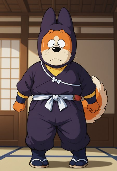 masterpiece,best quality,amazing quality, 1boy, solo, shuDBS, dog boy, black eyes, orange fur, face mask, ninja outfit, waist sash, shoulder sash, yellow shirt, ninja tabi, open toed sandals, tail, full body, indoors, east asian architecture, 