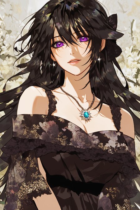 score_9, score_8_up, score_7_up, BREAK source_anime, <lora:Rainelle-PonyXL-lora-Faxtron:1> rainelle, purple eyes, black hair, long hair, shiny hair, medium breasts, necklace, black dress, bare shoulders, floral print, collarbone,