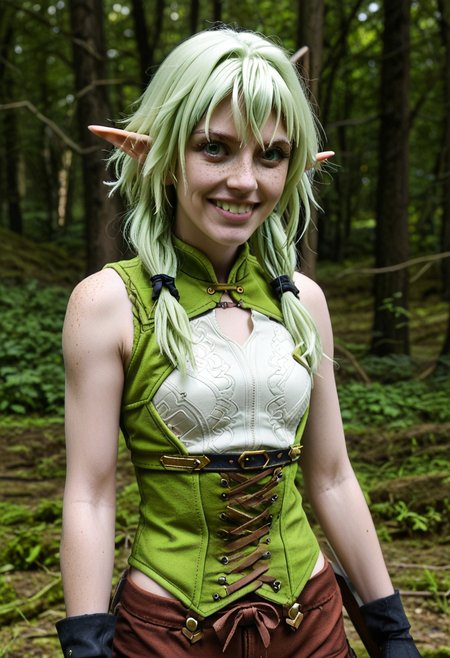 score_9, score_8_up, score_7_up, 1girl, solo, High_Elf_Archer_(Goblin_Slayer!), [[[[eye focus]]]], [multiple moles], [body freckles], skinny, long hair, green eyes, [[[bow, hair bow, black bow]]], (low-tied sidelocks), (long sidelocks), (short hair with long sidelocks), (hair over shoulder), (low twintails), (low ponytail), long hair, green hair, pointy ears, elf, (hair intakes), pointy hair, hair flaps,
BREAK,
[[[green corset]]], [leather vest], [[[white shirt, green shirt, two-tone shirt]]], [[[[white armor, leather armor, breastplate]]]], [chest guard], sleeveless, brown shorts, ((single elbow glove)), (uneven gloves), (elbow gloves), [[gloves]], [[[asymmetrical gloves]]], single detached sleeve, grin, holding bow \(weapon\),
BREAK,
[[[Outdoors, forest, bokeh]]]