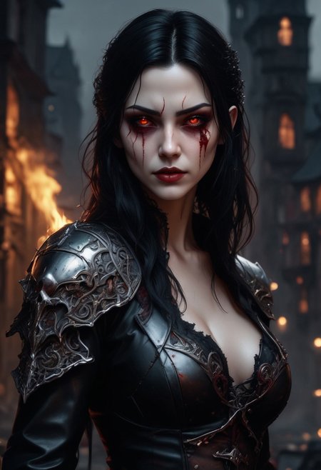 High resolution ultra-realistic of sinister High resolution Beautiful Warrior vampire girl, ultra-realistic body, perfect athletic body, Attractive girl, artgem, WLOP, realistic tight dirty black armor, standing in a sinister dark fantasy graveyard, beautiful Warrior vampire girl, fire, defiant and seductive, covered in dirt and blood, cinematic colors Lighting, extremely detailed, 8K, wavy black hair, realistic dirty bloody face, realistic red eyes, beautiful Warrior vampire girl on in cool outfit, hyper-detailed, hyper-realistic, Attractive 21 old years girl, Attractive, perfect athletic figure, handsome vampire pale bloody face, beautiful perfect detailed pupils, wet oily shiny skin, Dark Ages, intricate, smooth, sharp focus digital painting, Asymmetrical Balance, hyperdetailed painting, dynamic lighting