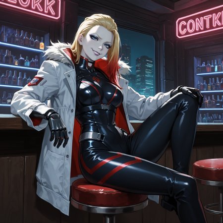 masterpiece, best quality, indoors, night, bar \(place\), sitting, bar stool, looking at viewer, cyberpunk, neon lights, closed mouth, smug, grin, 1girl, solo, harleyqbak, long hair, hair slicked back, multicolored hair, blonde hair, red hair, blue hair, blue eyes, pale skin, makeup, eyeshadow, lipstick, black bodysuit, mechanical arms, white fur-trimmed coat  <lora:Harley_Quinn_Batman_Arkham_Knight:0.6>