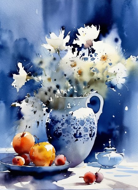 Thomas schaller watercolor style,still life,flowers,fruit,blue and white porcelain,watercolor texture,master style,watercolor flow traces,dark background,<lora:Watercolor _sdxl:1>, Watercolor style,