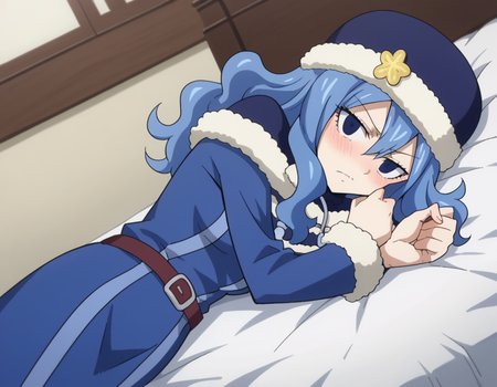score_9, score_8_up, score_7_up, source_anime,
juvialockser, <lora:juvia-lockser-s7-ponyxl-lora-nochekaiser:1>,
juvia lockser, long hair, blue eyes, blue hair, wavy hair, hair between eyes,
hat, dress, belt, fur trim, fur hat, capelet, blue dress, long sleeves,
indoors, bed, bed room, on side, blush, drunk,
looking at viewer, cowboy shot, dutch angle,