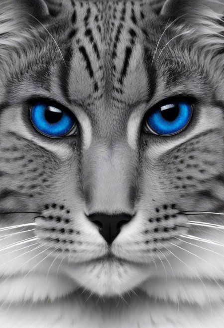 cats face, (Black and white image, blue Accent)