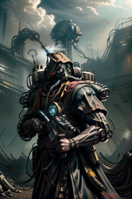 ((masterpiece,best quality)), absurdres, BREAK
mechanical arms, robes, hood, BREAK
((techpriest)), cyborg, mechanical face, mechanical limbs, gas mask, mechanical tentacles, (mechanical backpack), BREAK
1other, solo, holding pistol, firearm, handgun, pistol, gun, BREAK
factory background, smoggy sky, air pollution, smokestacks, BREAK
(TerrranAI)