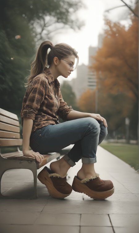 score_9, score_8_up, score_7_up, score_6_up, source_anime,
low angle, from below, from side,
autumn, outdoors, park,
1girl, 
sitting, park bench,
flannel shirt, jeans, round glasses, ponytail, brown hair,
sherpa clogs, platform footwear,
embedding:zPDXLrl ,
embedding:zPDXL2 ,