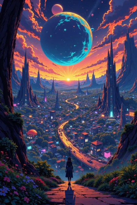 a futuristic planetary city beautiful  landscape, evening, woman, very intricate, very detailed, sharp, bright, colorful, <lora:Hand v2:0.5> <lora:Anti-Blur:1><lora:Insane Detail Slider:0.25>  <lora:flux.1_lora_flyway_Epic-detail_v2:0.3> <lora:fluxenhancer:0.25> <lora:ROWER:0.8>  <lora:Anime_style:0.6> anime style