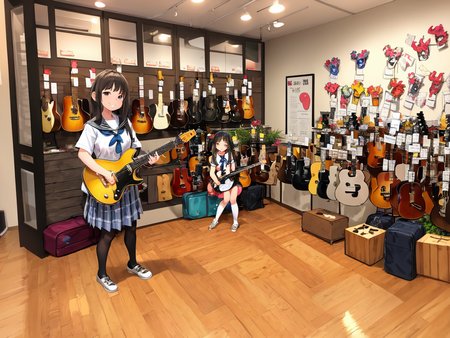 masterpiece, best quality, ultra-detailed, illustration,
(2girls:1.4), school uniform,  school bag,  smile ,
guitarshop, guitar, instrument, electric guitar, bass guitar, amplifier, gibson les paul, drum, acoustic guitar, speaker, wooden floor, indoors, 
 <lora:guitarshop:0.8>