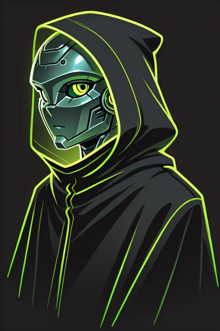 robot, portrait, black  cloak, green eyes, expressionless,  looking to the side,  simple background, high quality, <lora:Glowline_Figures_IL:1> glowline_figures