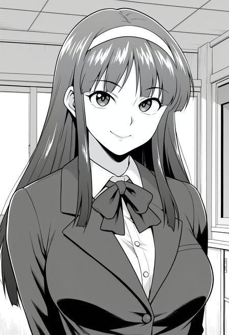 1girl,solo,mm,mature female,long hair,hairband,breasts,greyscale,monochrome,
school uniform,shirt,jacket,upper body, looking at viewer, smile,indoors
,masterpiece,best quality,amazing quality,<lora:Sayaka_Yumi-Mazinger_Angels:0.8>